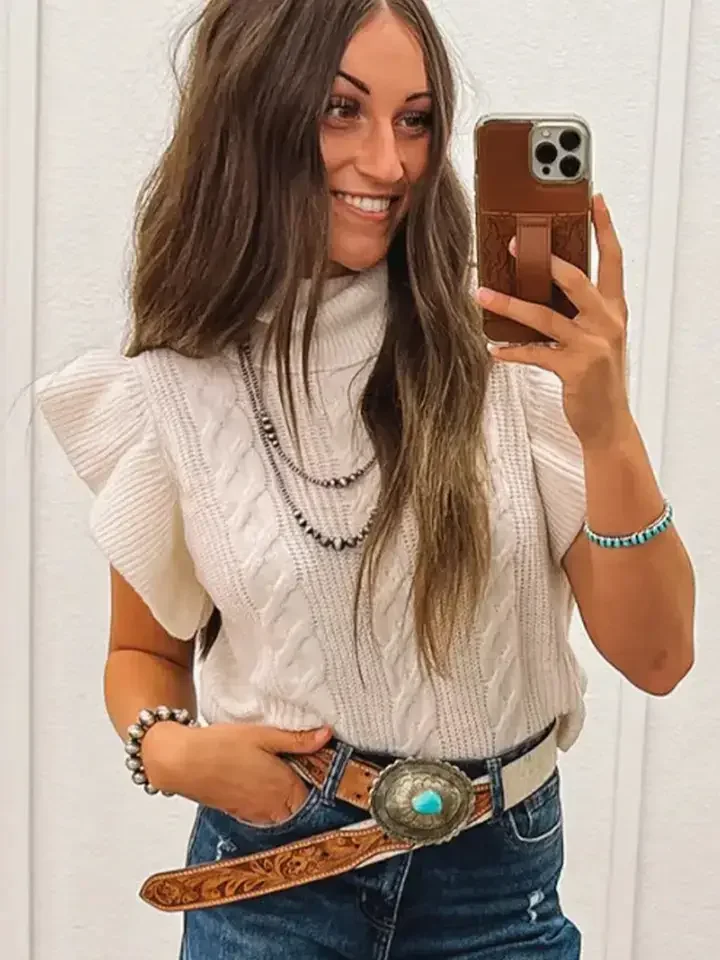 Elegant Ruffle Sleeve Cable Knit Top