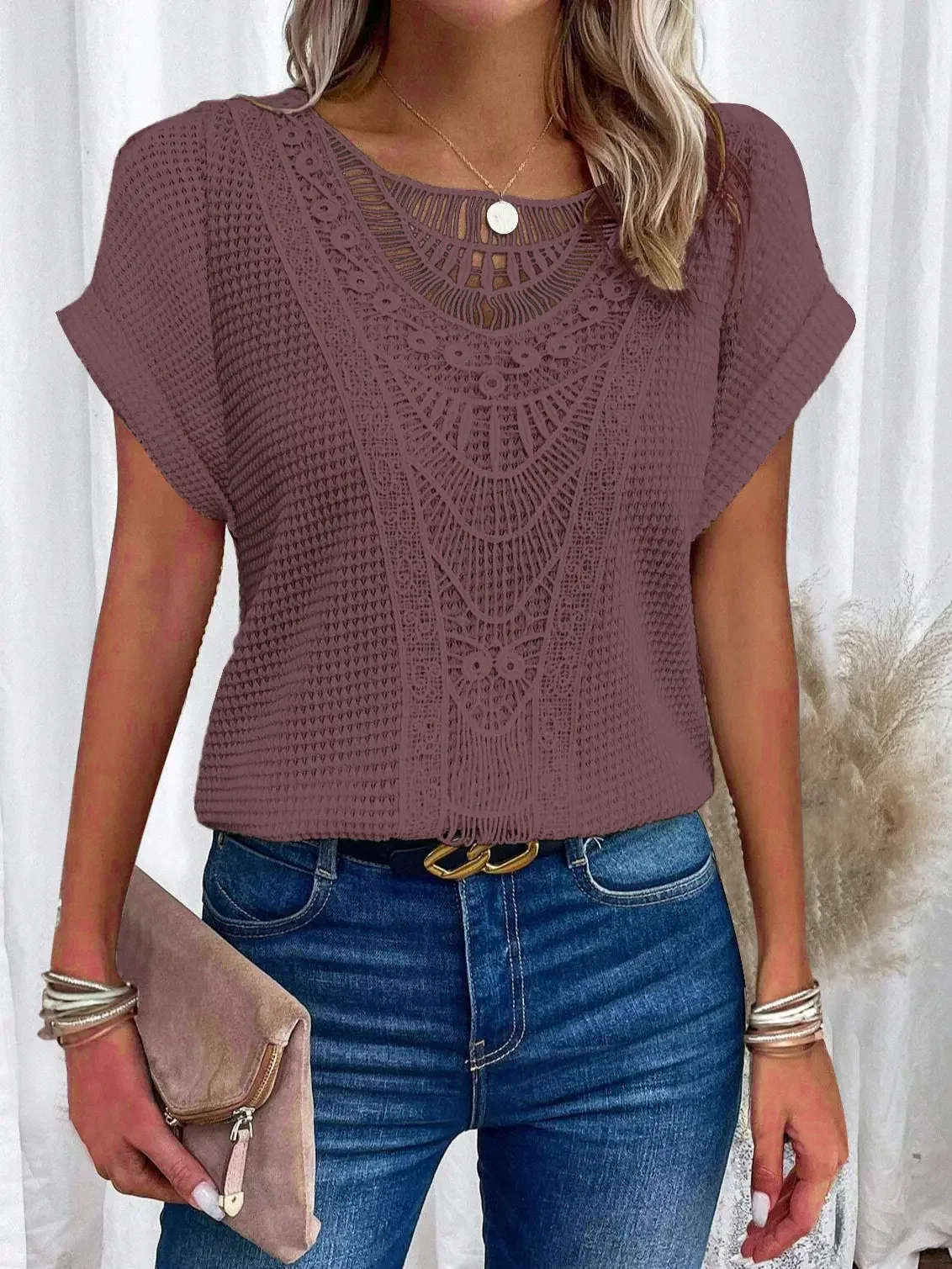 Floral Lace Trim V-Neck Short Sleeve Blouse