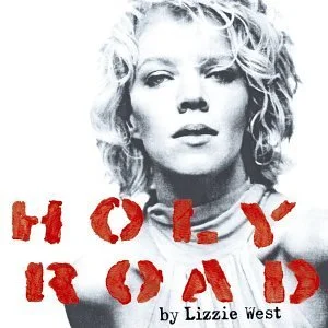 Black and white photo of Lizzie West. The text reads 'HOLY ROAD by Lizzie West' in red letters. For Her Documenting her Life on the Road.