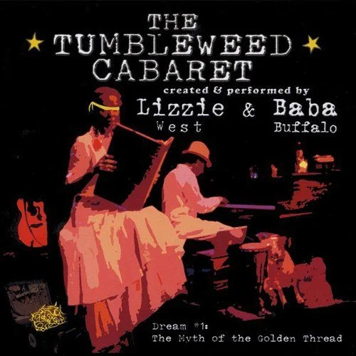 Poster for The Bumbleweed Cabaret featuring Lizzie West and Baba Buffalo, with a silhouette of two musicians playing instruments on a dark background.