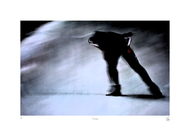Solitary black figure with red and white highlights labouring to walk throuigh what looks like a snowstorm digital print