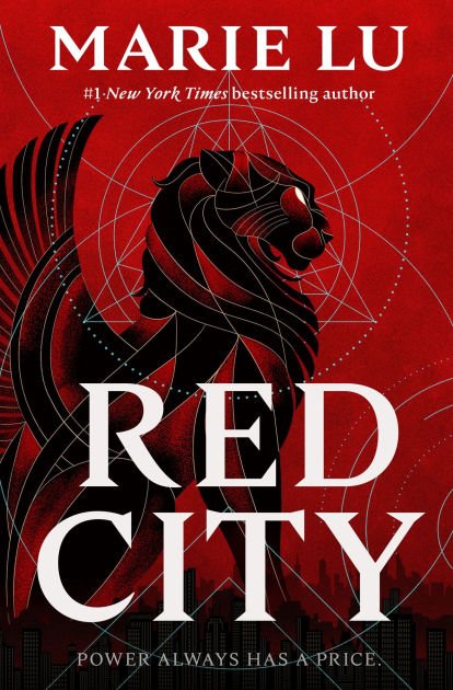 The author's name, Marie Lu appears in white at the top of the red book cover. an alchemical sign is superimposed over a stylized, geometric winged lion. The words Red City appear at the bottom above the book's tagline "Power Always Has A Price."
