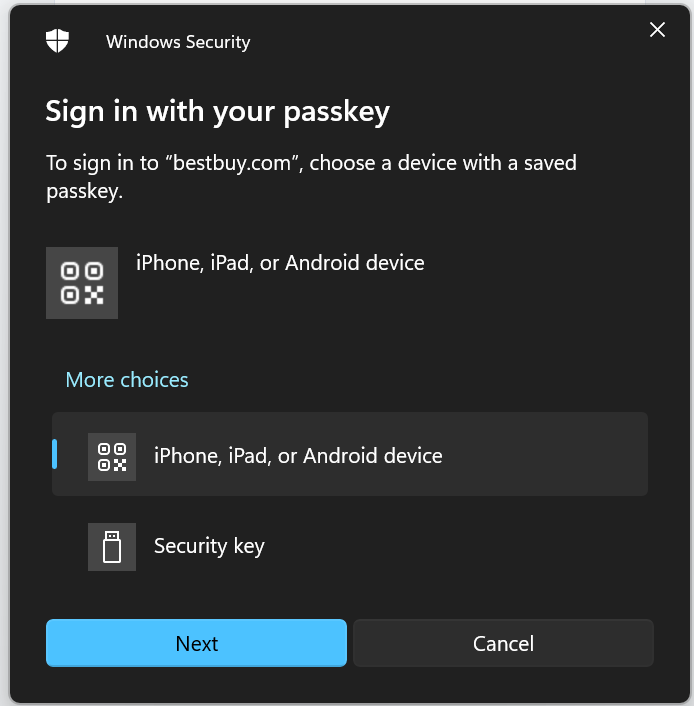 Windows passkey interface with sign in options