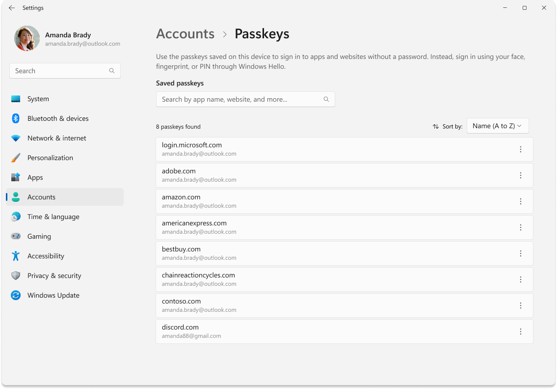 Windows Settings app showing saved passkeys