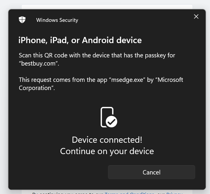 passkey interface for Windows showing mobile device connected