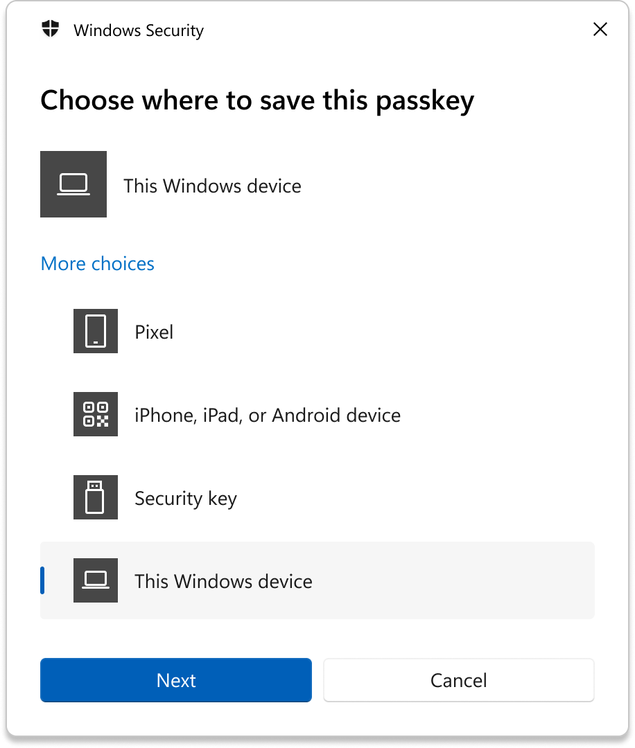 Windows passkey interface with sign in options