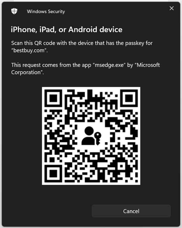 Windows passkey interface with QR code