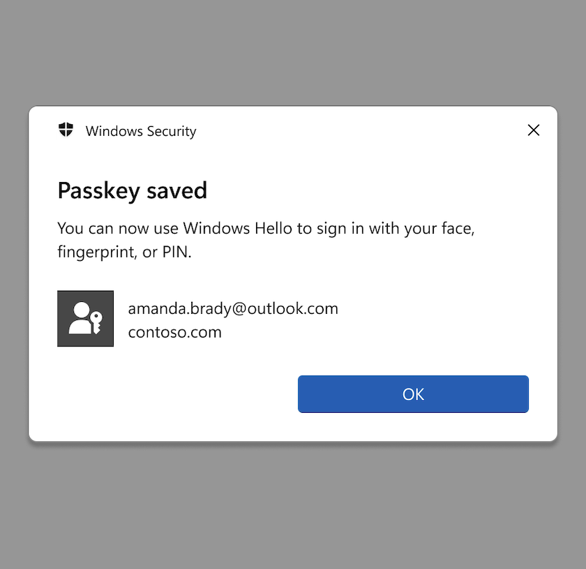 passkey interface for Windows showing mobile device connected