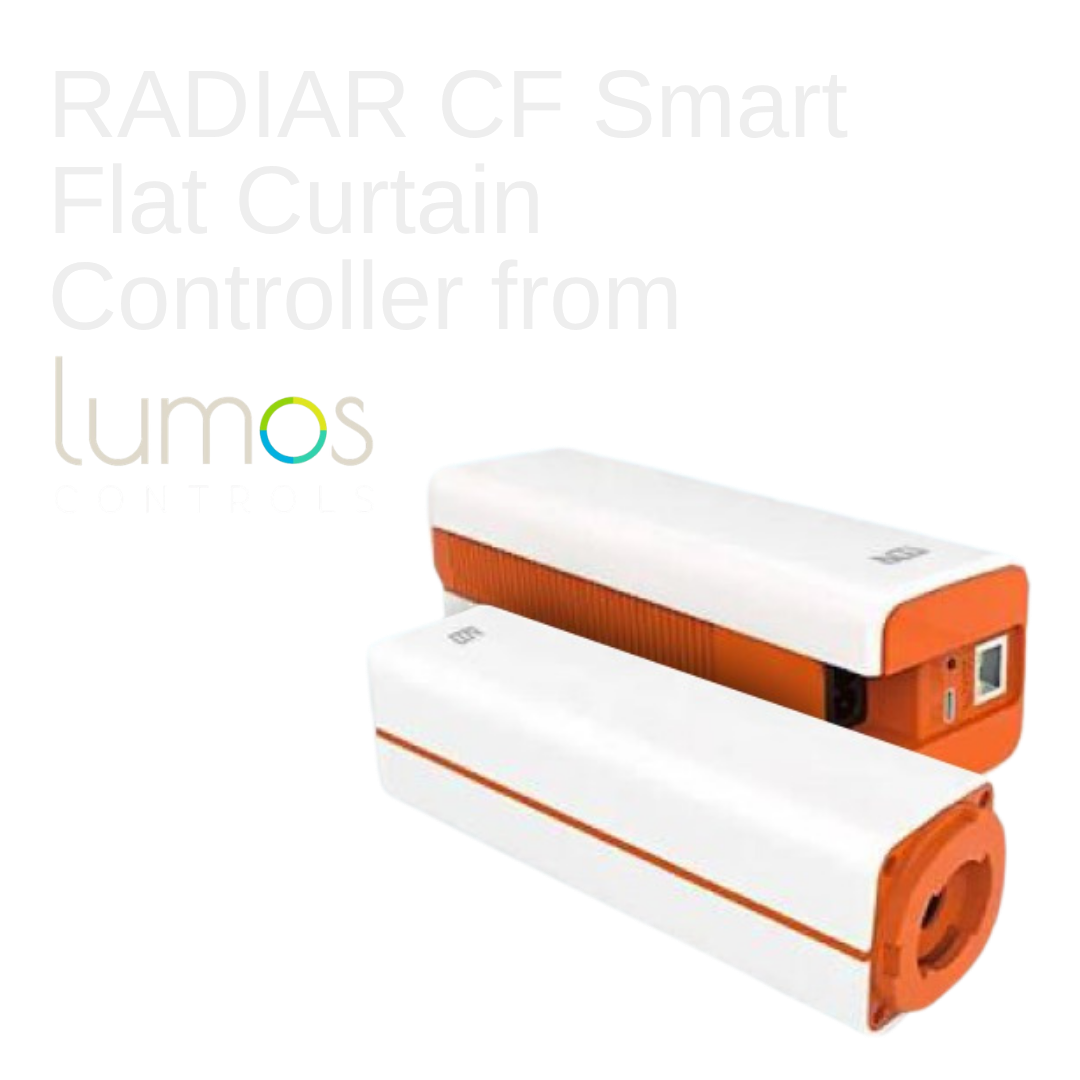 Radiar CF, Lumos Controls smart curtain kit, includes a smart
motor, track, app, remote and mounting accessories to control
flat curtains. The curtain system comes with 3 different powering
options such as 100-240VAC via splay cable, 5VDC via Type-C
