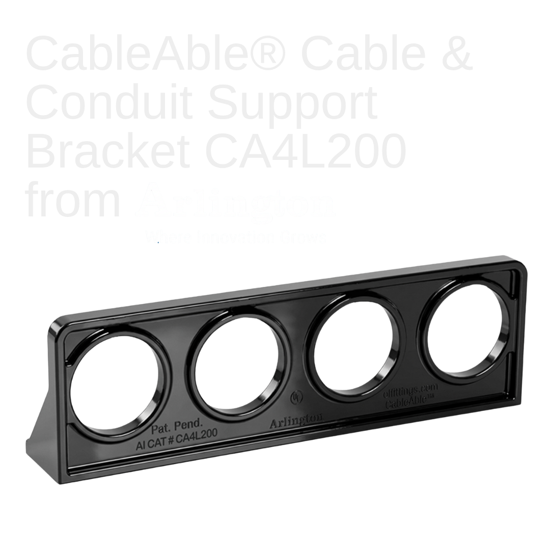 Perfect for commercial or residential applications, Arlington's time‐saving non-metallic CableAble® Support Brackets are the ONE BRACKET designed for horizontal runs of cable or conduit, commercial or residential applications, power or low voltage wi