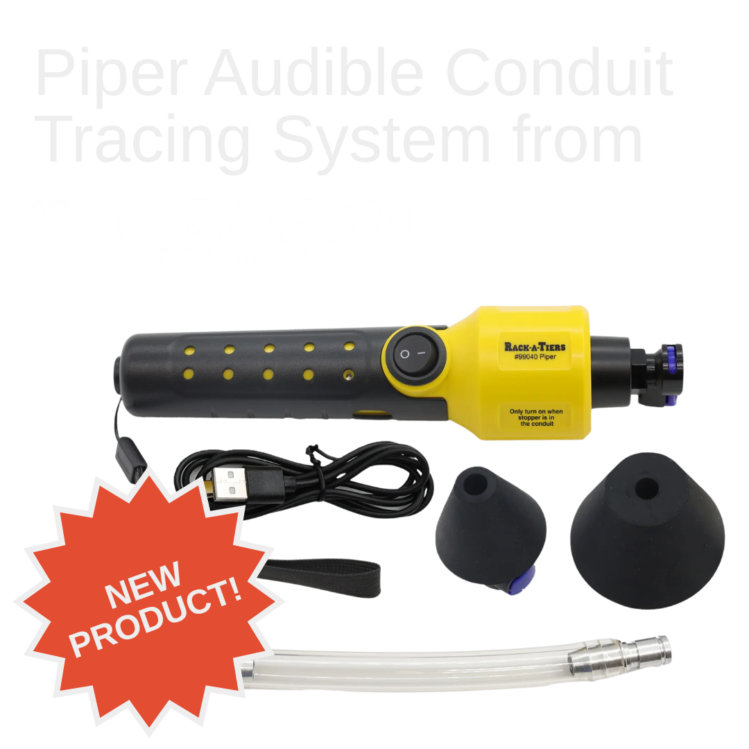Piper is a conduit tracing tool that helps electricians identify where a pipe leads without fishing wire all the way through it. Insert the soft plug into one end of the conduit, switch it on, and Piper sends a loud tone straight through unobstructed