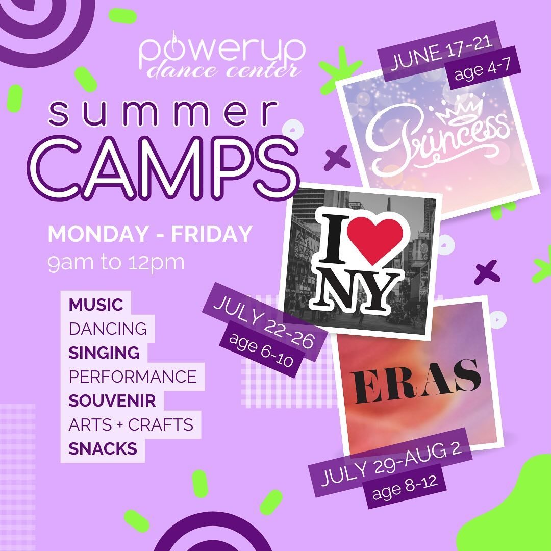 Who wants to enter their summer camp ~era~ with us at PowerUp Dance Center? 🤗 Check out our THREE camp offerings featuring music, crafts, snacks, and of course DANCE! 👑🗽🫶🏻

Spots are limited, register NOW via link in bio