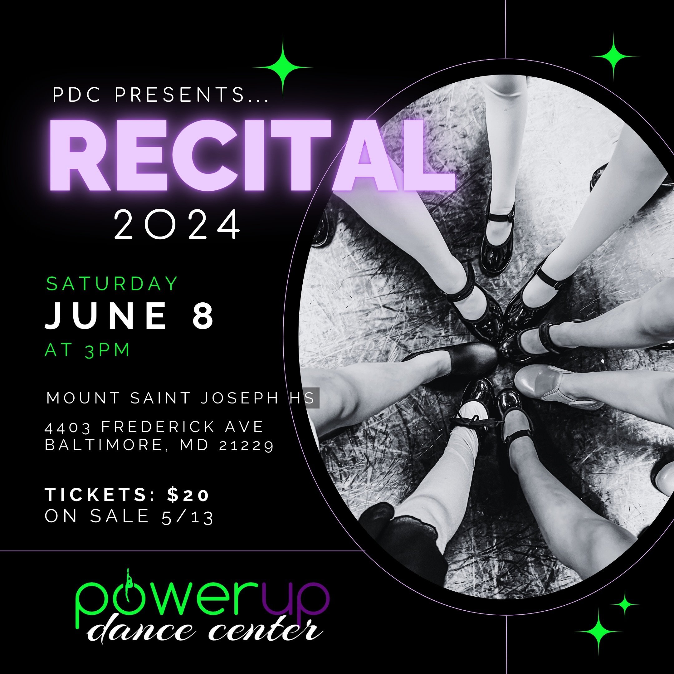 It&rsquo;s that time of year again! ✨ Questions? Email us at powerupdance@gmail.com 

2024 RECITAL
Saturday, June 8th at 3pm

Mount Saint Joseph High School
4403 Frederick Ave, Baltimore, MD 21229

TICKETS: $20 (on sale in-studio starting May 13)
*Pa