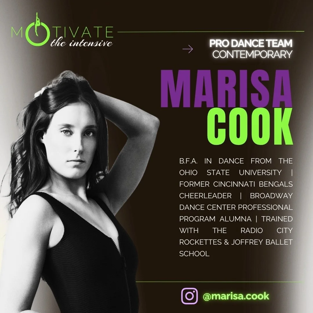 ⚡ mOtivate FACULTY SPOTLIGHT ⚡MARISA COOK

An Ohio State dance graduate and former Cincinnati Bengals Cheerleader, Marisa continued her professional training through Broadway Dance Center&rsquo;s Professional Program. She has also studied with the Ra