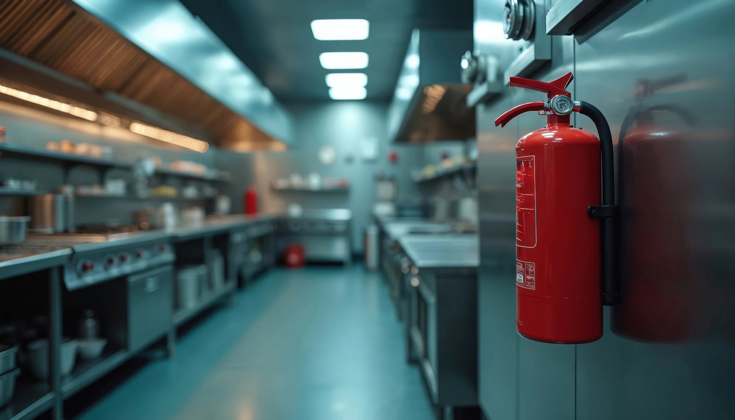 A red fire extinguisher mounted on a stainless steel kitchen wall in a commercial kitchen.