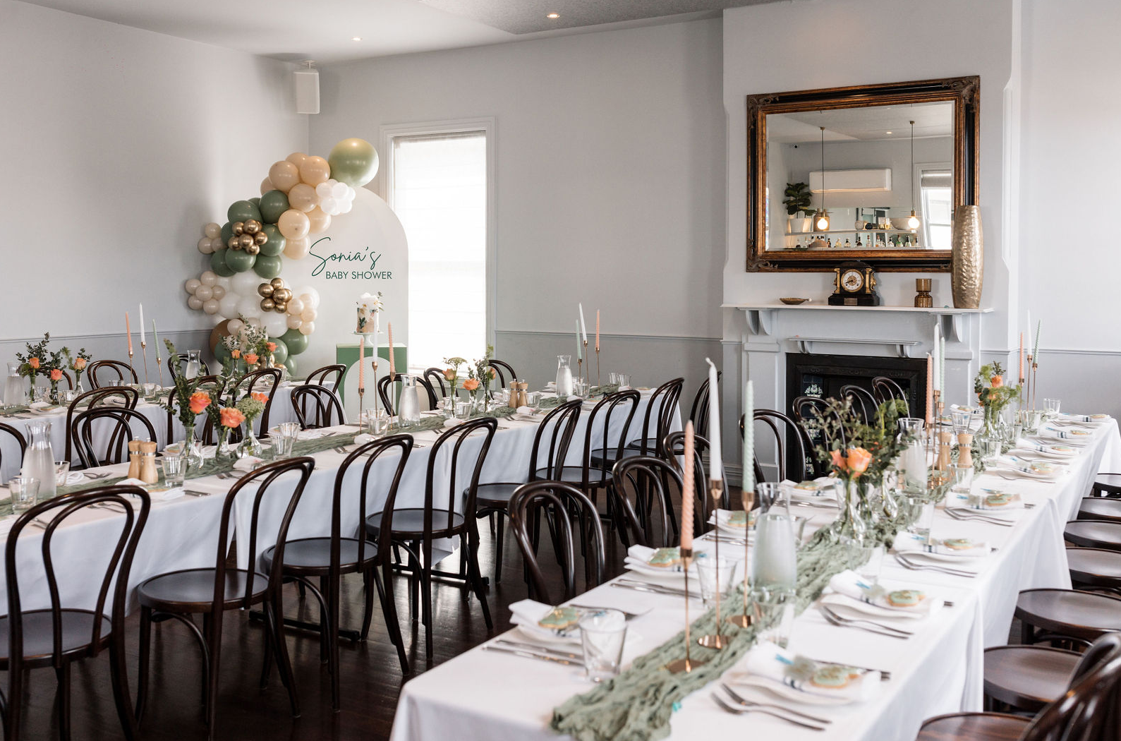 Long tables, cozy fireplace, bright natural lighting perfect for weddings, celebrations, birthdays and more at Teller Brunswick East