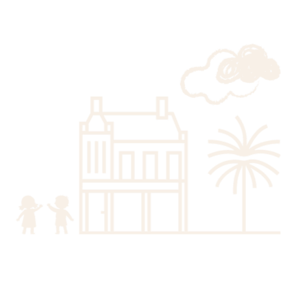White line drawing of a house, two children, a cloud, and a firework on a black background.