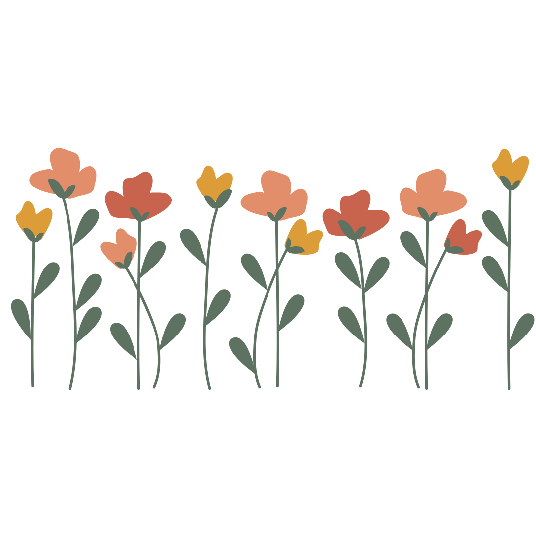 Stylized illustration of a row of colorful flowers with green stems and leaves on a black background.