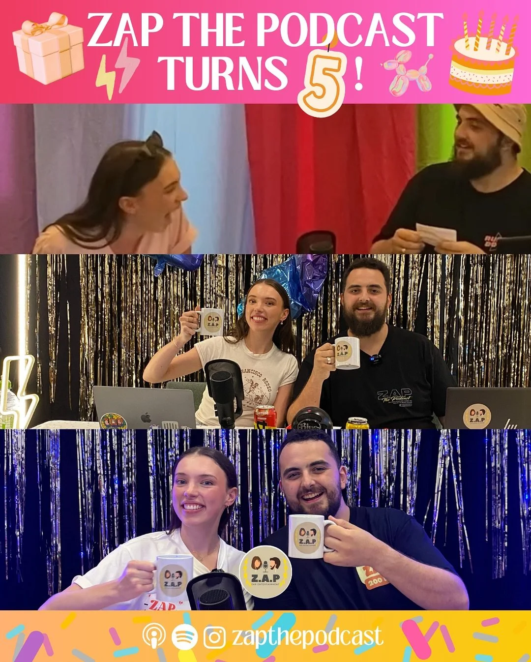 5 YEARS OF ZAP THE PODCAST!!! 🥹 listen nos to our 5th birthday ep wherever you get your podcasts! 🎧 (link in bio) to celebrate, swipe across to enjoy some vids and pics from over the years, including never seen footage from our radio days! 🎙️ 

tr