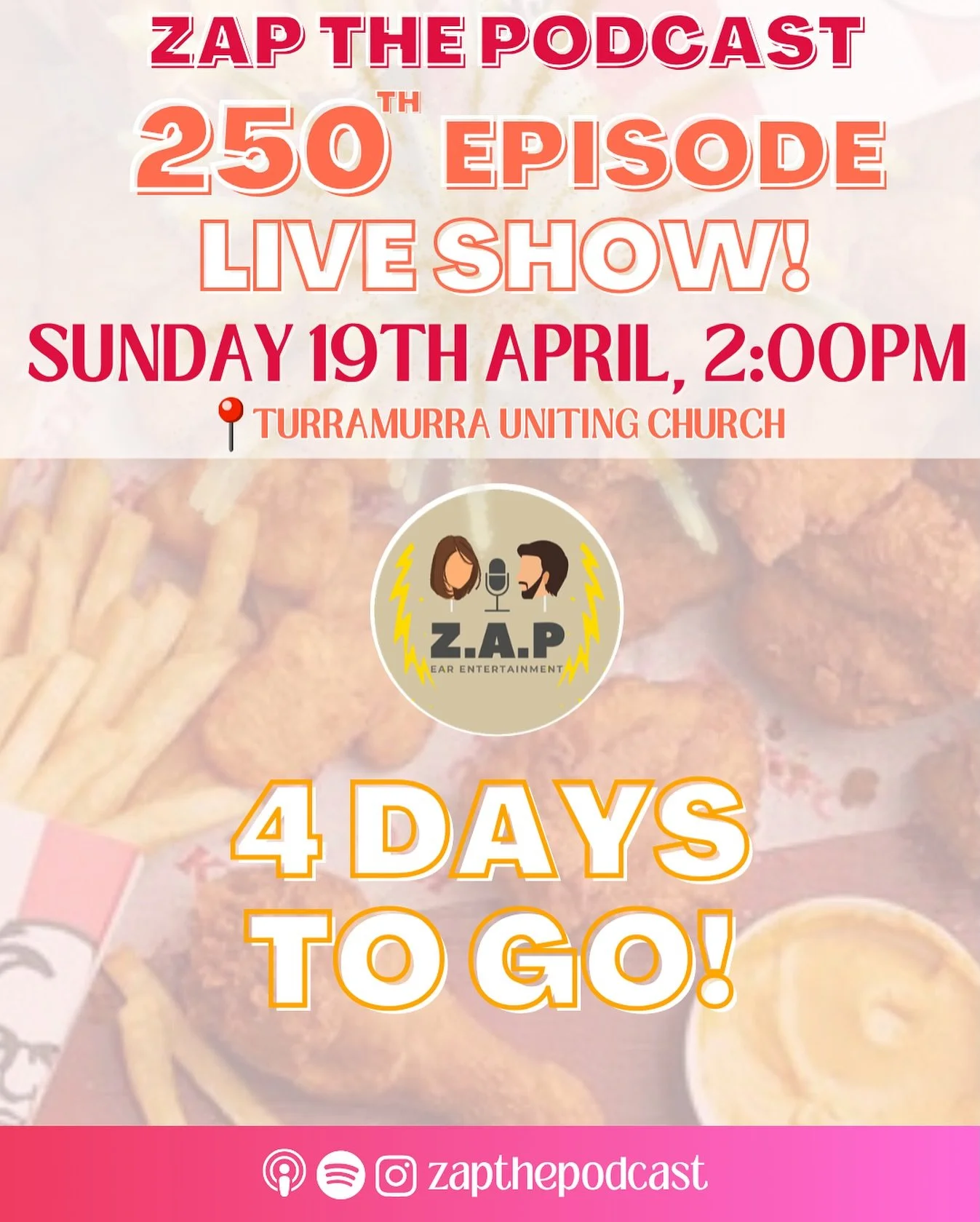 SEE YOU SUNDAY!!! 2:00pm, Turramurra Uniting Church, ZAP THE PODCAST LIVE SHOW! ⚡️⚡️⚡️ (yes, there will be free KFC) 🙂&zwj;↕️ 

seriously it would mean the WORLD for you to join us!! it&rsquo;s going to be silly, fun, and a very joyful way to spend 