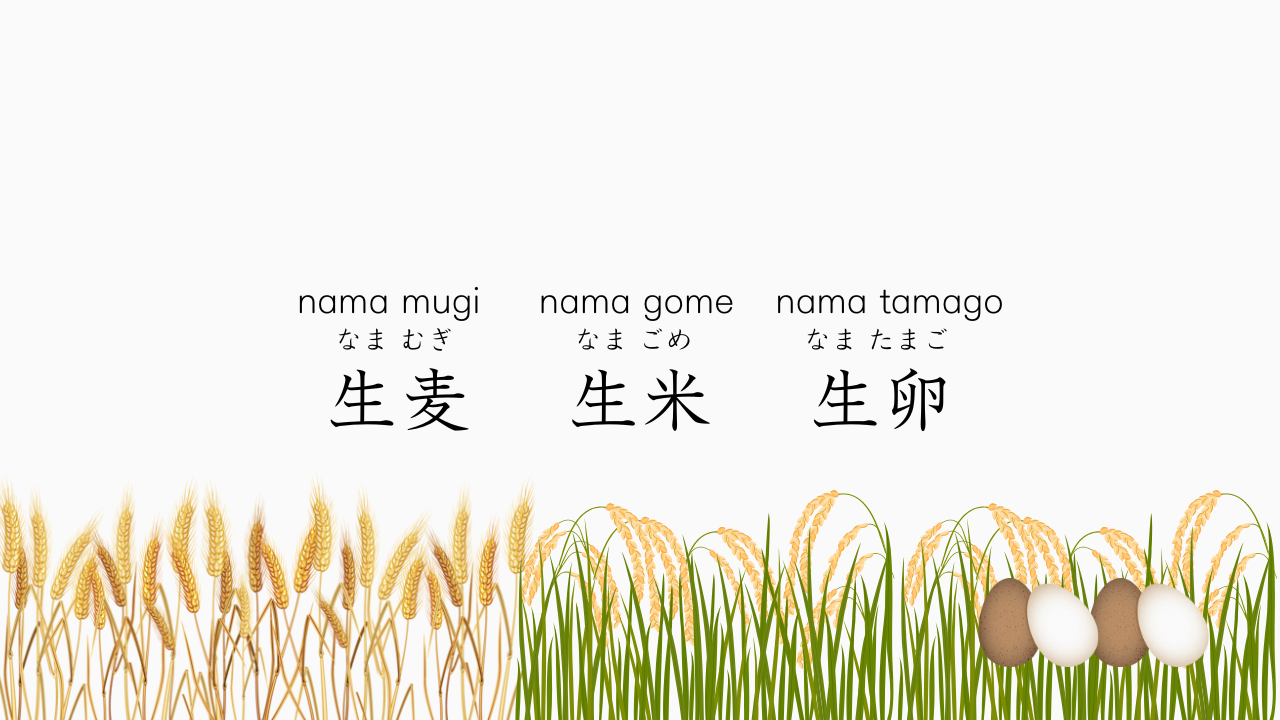 Words for the Japanese tongue twister "namamugi namagome namatamago" along with the images of wheat, rice, and eggs along the buttom