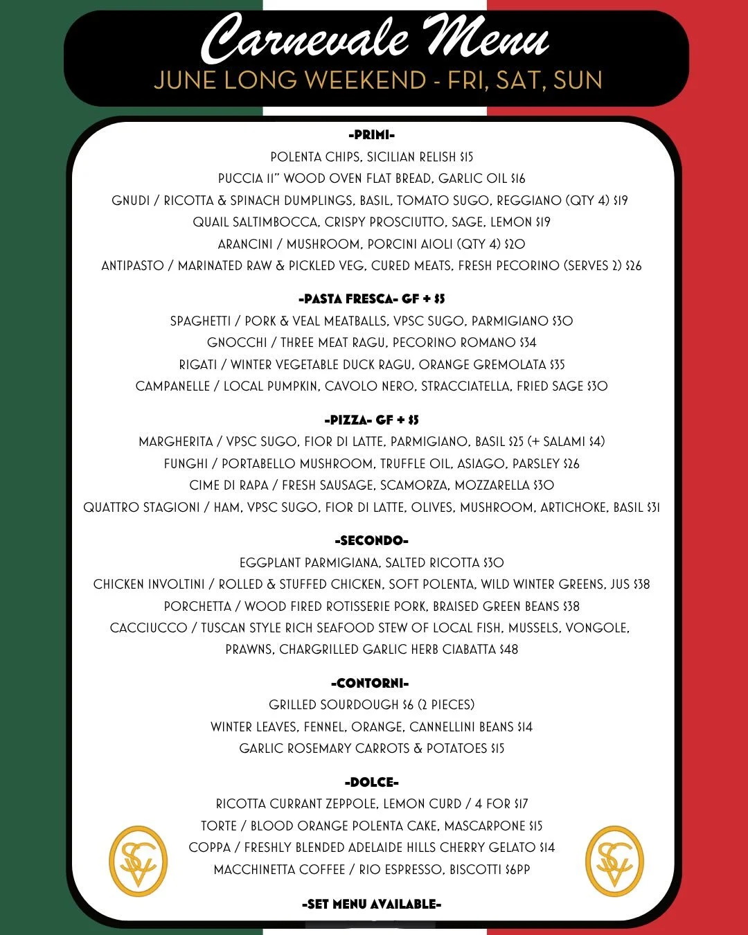 Winter Italian Festival menu is up as well as set menu and kids options 🇮🇹 🍕 🍷 🍝 

This is a very popular event so bookings are essential only online.