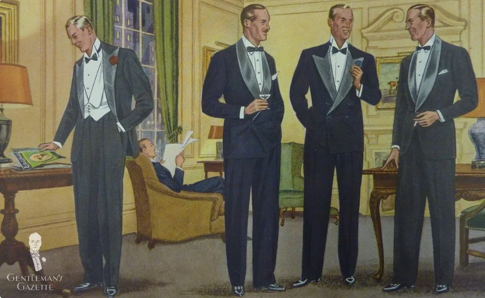 An illustration of a group of men wearing the tuxedo