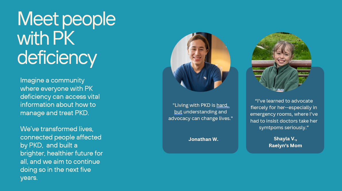 A community website promoting awareness of PK deficiency, featuring a photo of a young man and a young girl, with quotes about living with PKD.