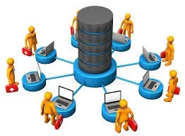 Diagram showing multiple people connected to a central database with computers, representing database management and data networking.