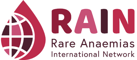 Logo of Rain Rare Anaemias International Network with a stylized globe and drop shape in pink and maroon colors.