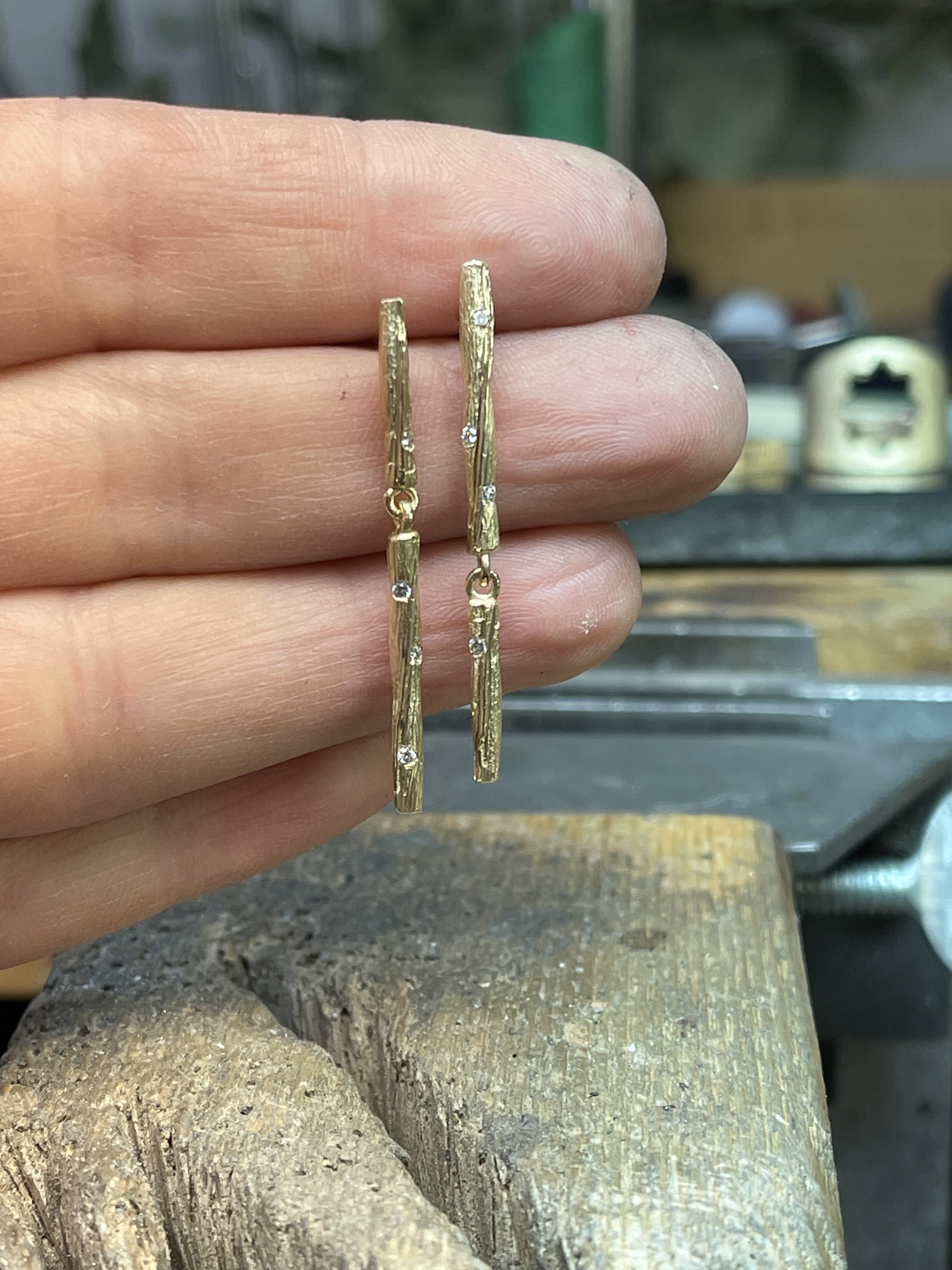 Asymmetrical Pods - 14K + sprinkled diamonds