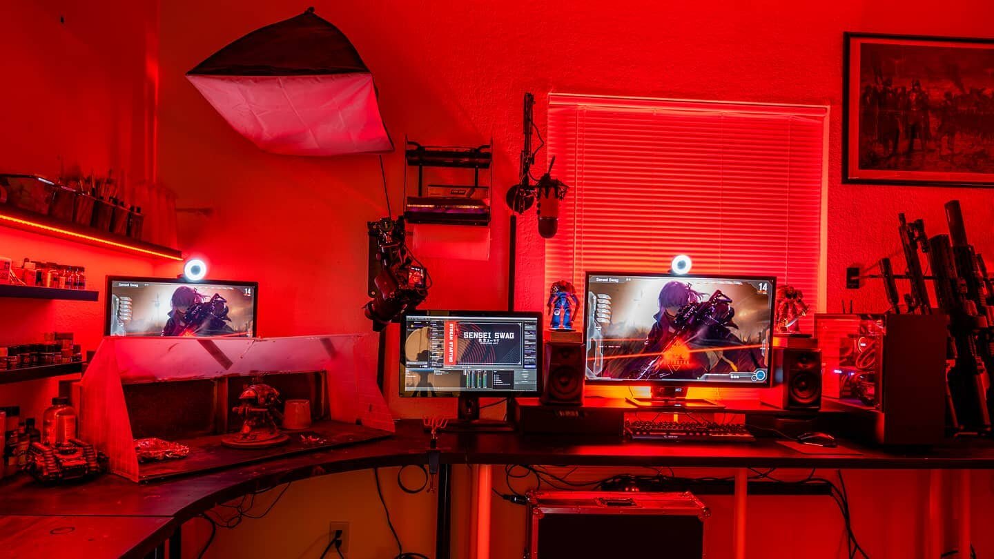 Stream setup complete (for now?)! Upgraded to a mirrorless Sony A7 III and a full gaming rig built. Watercooled, Core i7-8700K, 32GB DDR4, Nvidia EVGA 1080 Ti Hybrid, and a fuckton of RGB LEDs permanently set to RED. Also added a peripheral touch scr