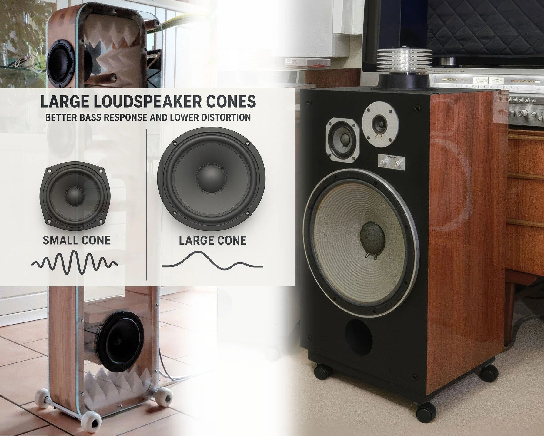One can easily see and imagine the difference. Think of it like a giant moving a pile of rocks with slow, deliberate force. A smaller speaker? It&rsquo;s like a tiny person trying to push the same pile of rocks, and it just gets all out of control.