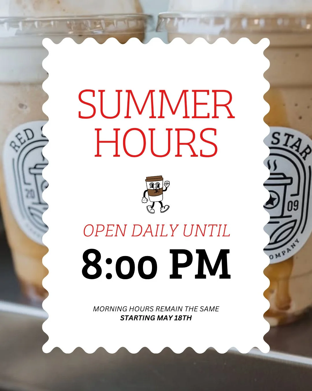 ☀️ SUMMER HOURS UPDATE ☀️⁠
⁠
Starting May 18th, Red Star will be closing daily at 8:00 PM. Morning hours will remain the same 😀⁠