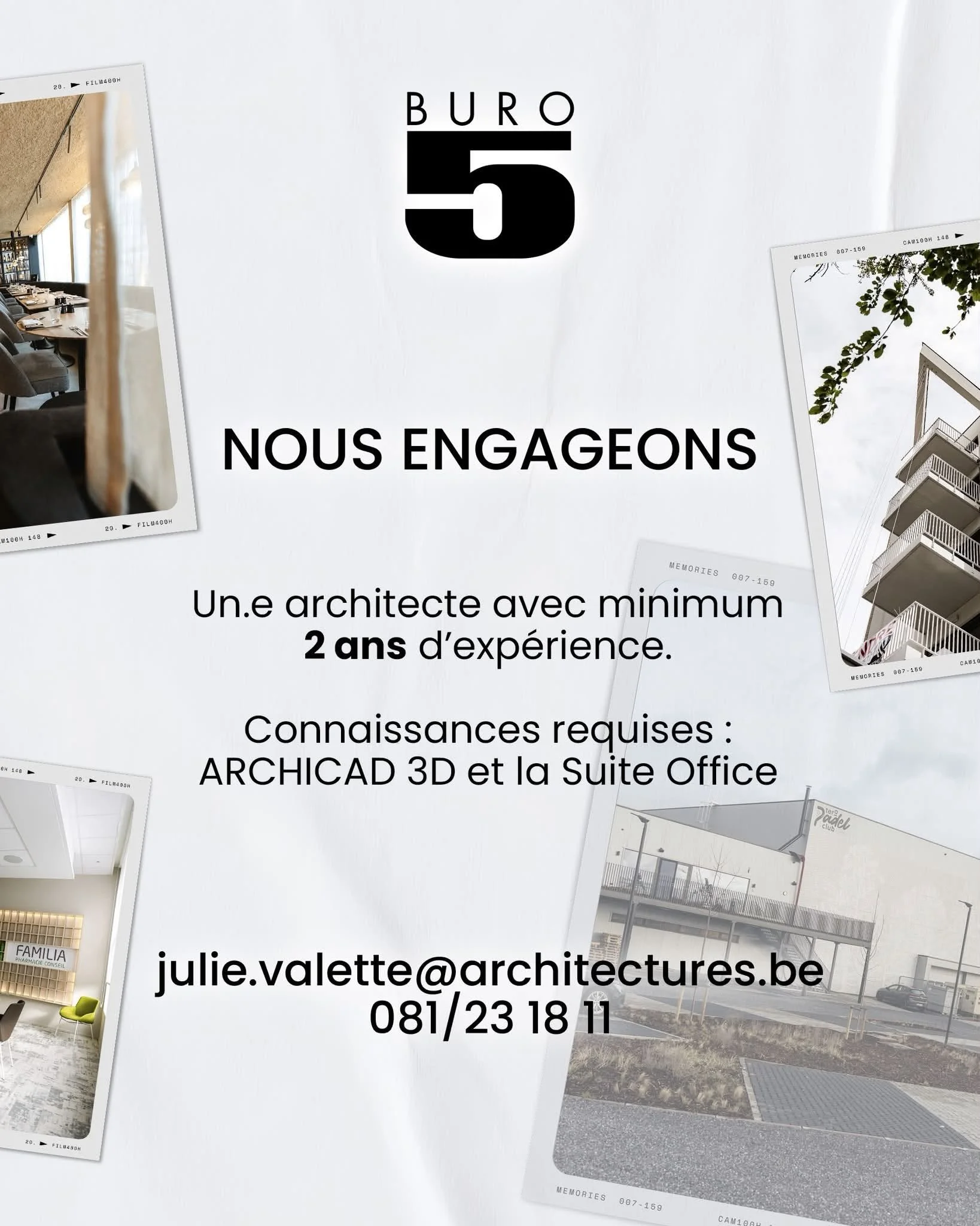 BURO 5 est actuellement &agrave; la recherche d'un profil pour compl&eacute;ter son &eacute;quipe dans la r&eacute;gion de Namur :
👉🏻 un.e architecte avec minimum 2 ans d&rsquo;exp&eacute;rience

Les connaissances primordiales et indispensables : A