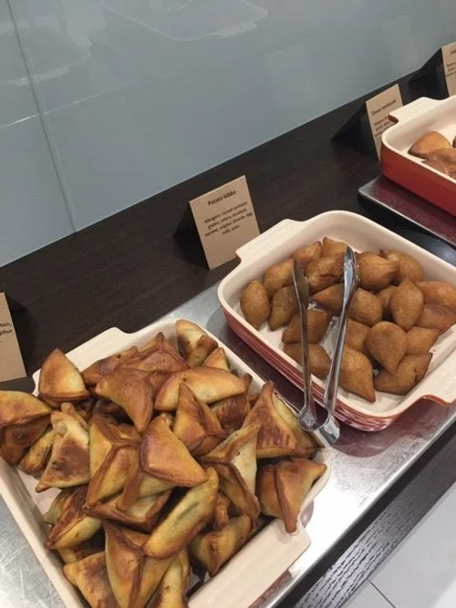 Mediterranean nibbles selection - here Spinach fatayer & Pumpkin kibbe. All served with Babaganoush and Houmous's.