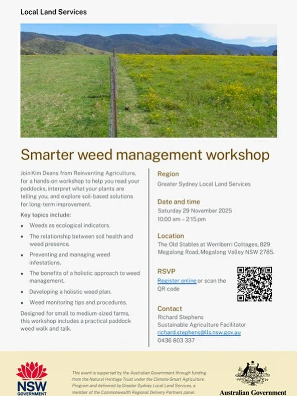 Another Smarter weed management workshop in collaboration with Greater Sydney Local Land Services is coming up in the Megalong Valley on Saturday the 29th of November. 

We will cover:
Weeds as ecological indicators
The relationship between soil heal