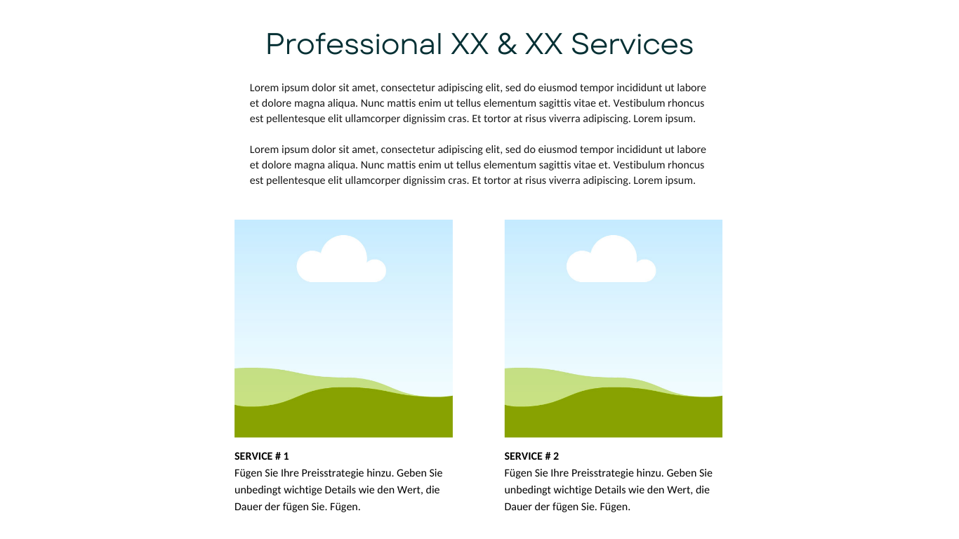 A webpage titled 'Professional XX & XX Services' with placeholder text and two sections for services, each with an illustration of a landscape with green hills, a blue sky, and a white cloud.