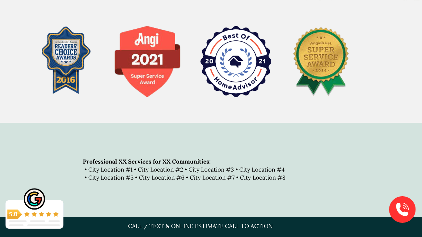 Website design example featuring customer review badges, service awards, and trust signals to build brand credibility and improve website conversion rates.