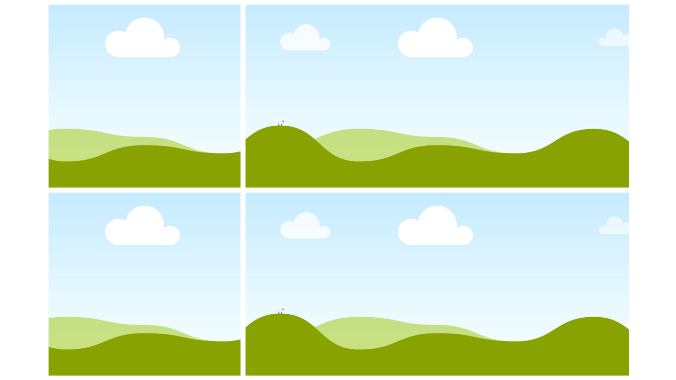 A four-panel cartoon landscape of green rolling hills, blue sky, and white clouds, with a small white goat on the second hill in the second panel.