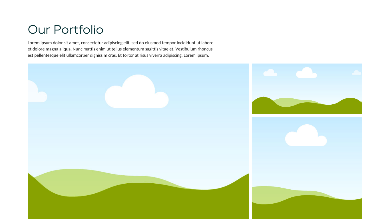 An illustrated landscape with rolling green hills, blue sky, and white clouds, divided into three panels