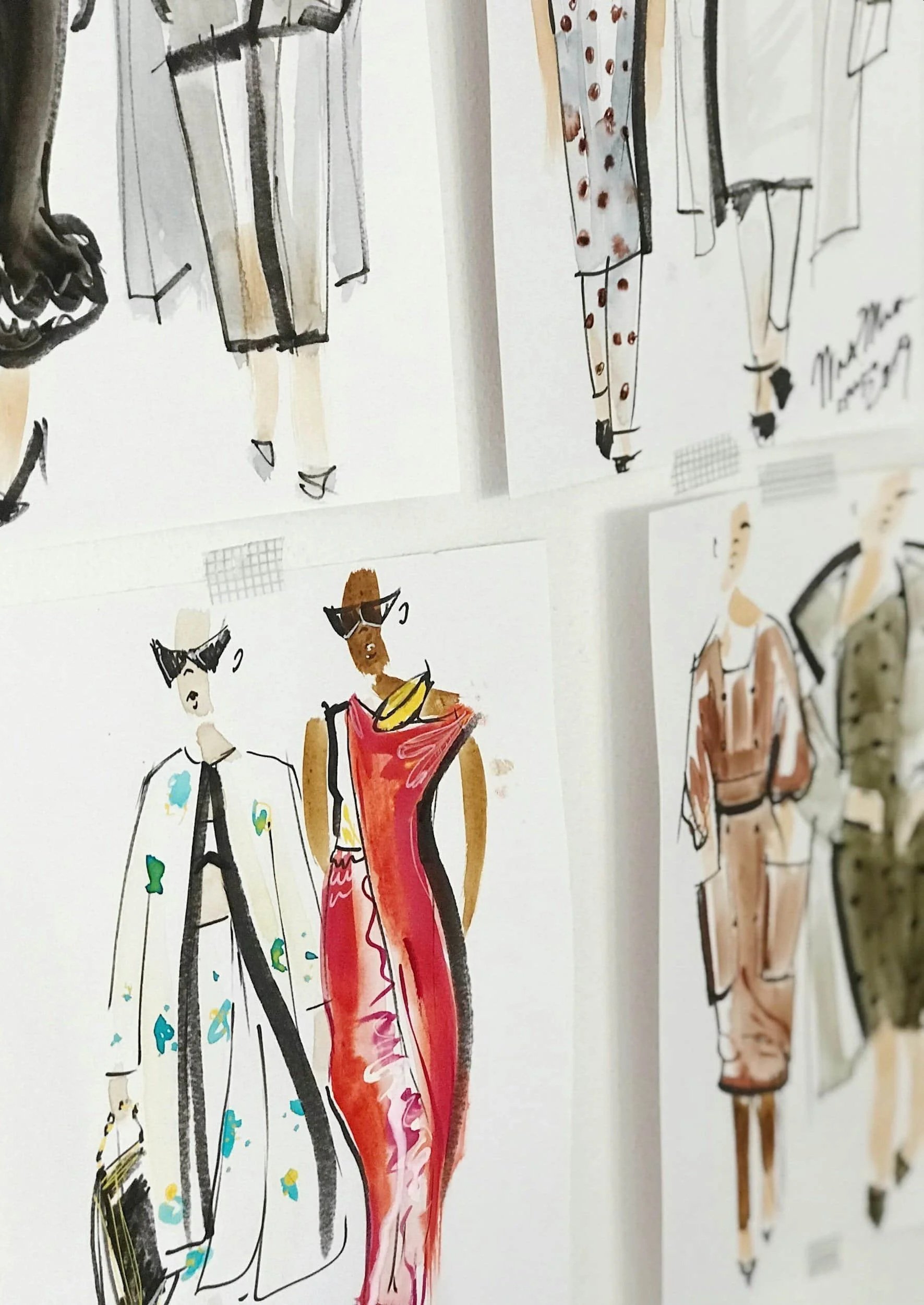 Watercolor fashion illustrations of stylish figures wearing suits, patterned dresses, hats, and sunglasses