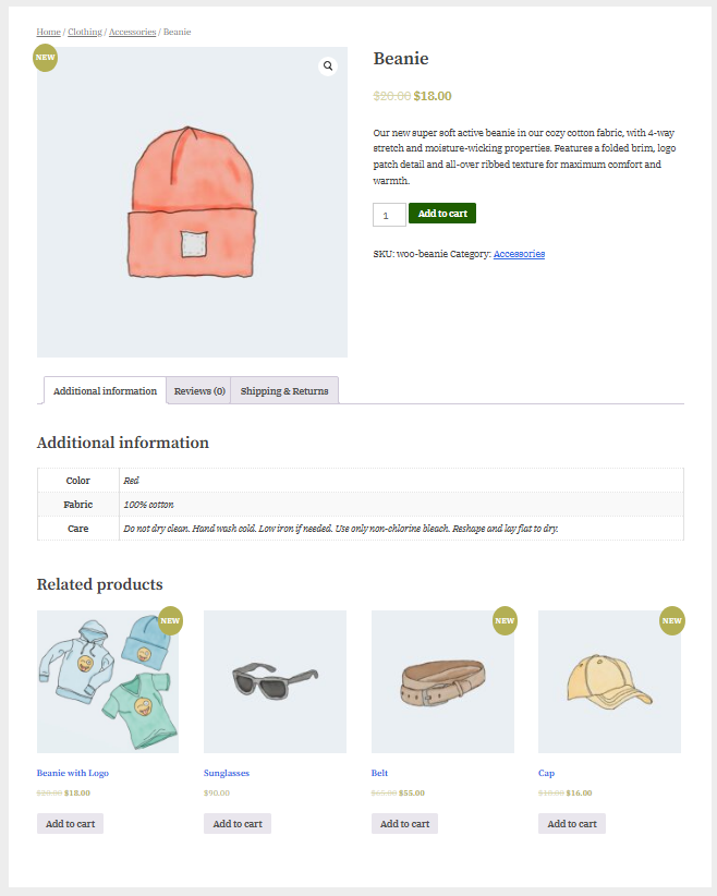 A/B test variation of an ecommerce product page featuring a peach-colored beanie, showcasing Kristin Dain's technical support using HTML, CSS, and JavaScript for website experimentation and conversion rate optimization.