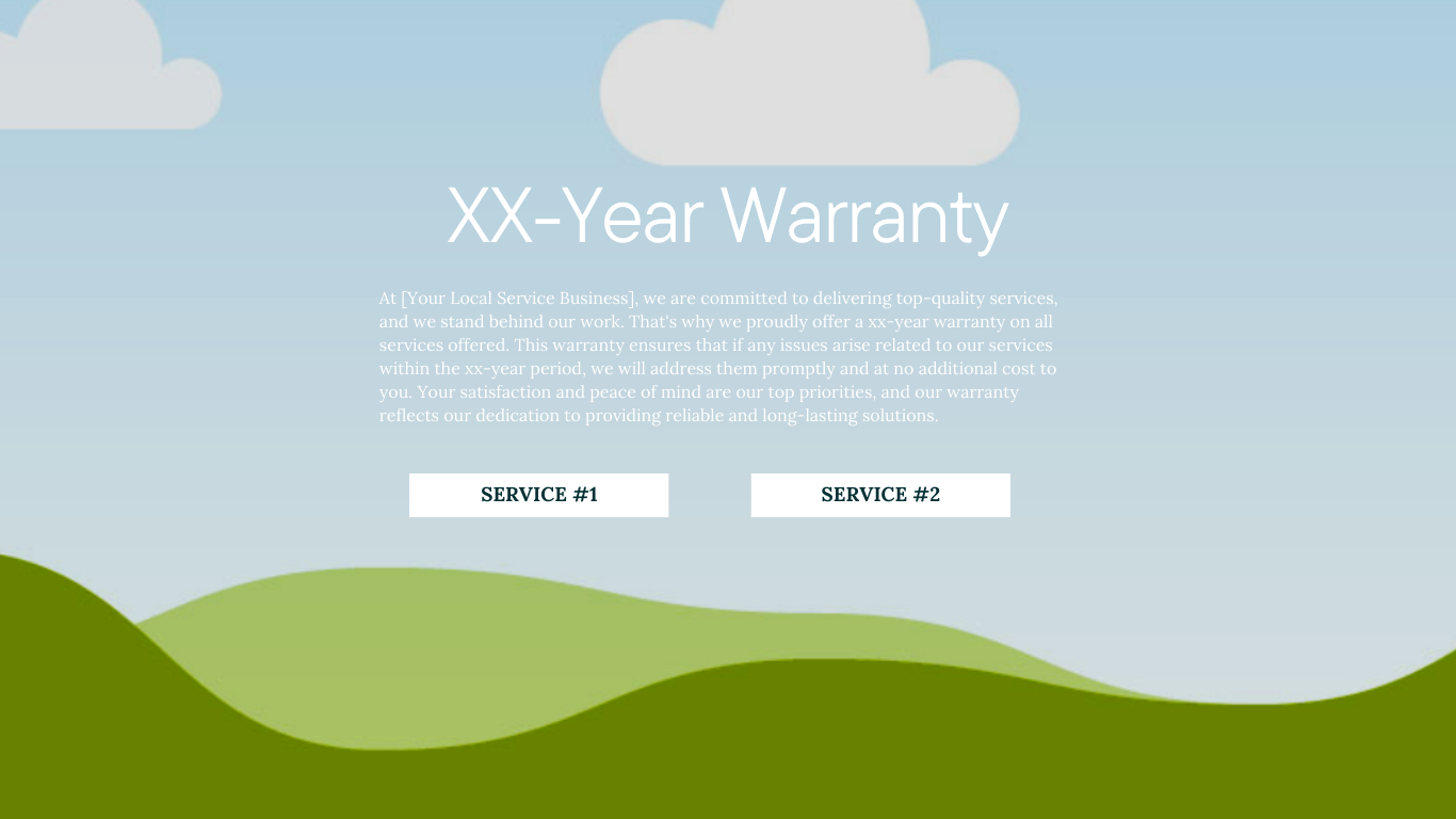 A website displaying a service warranty offer with a cloudy sky background and green hills, featuring text about a XX-year warranty and two service options.