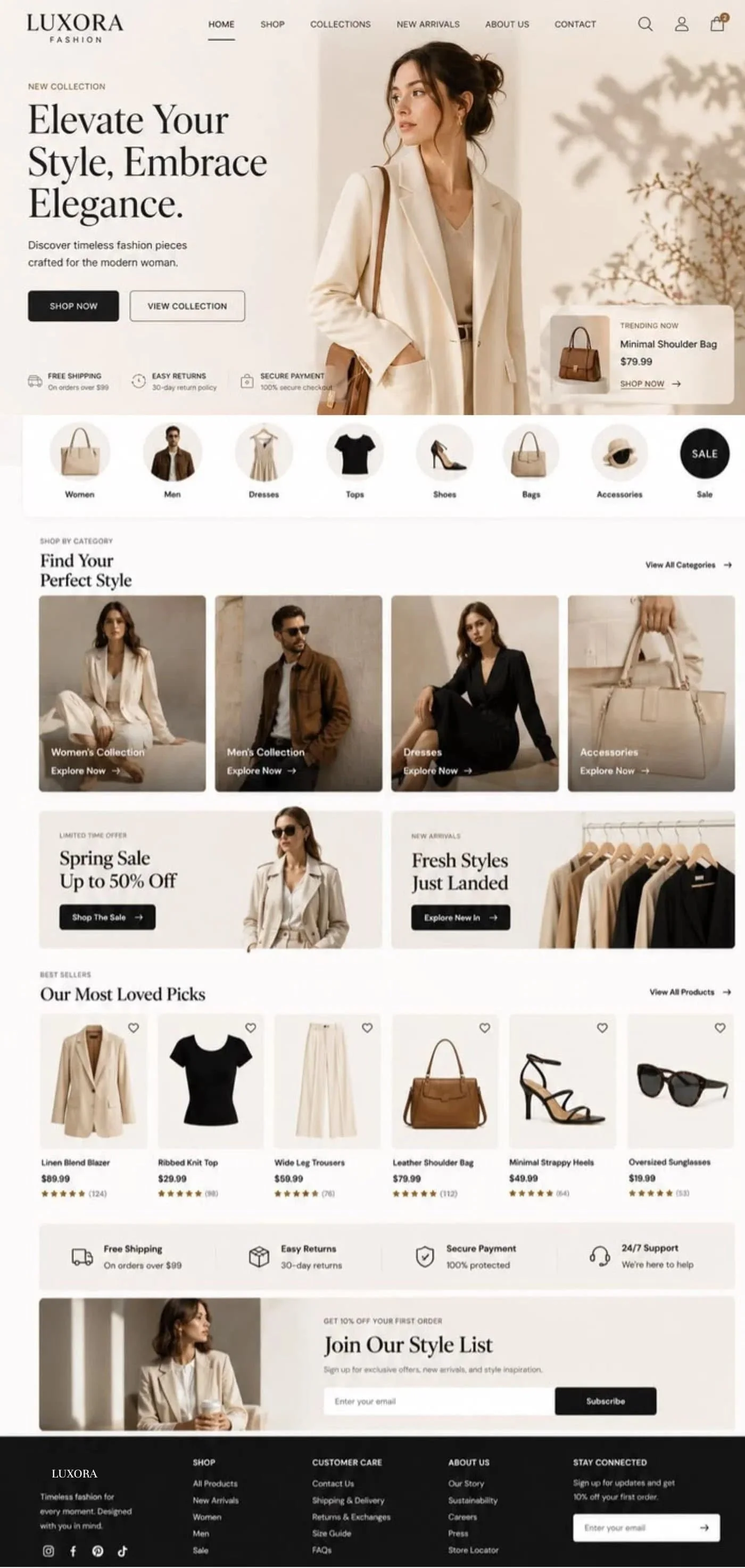 Luxora Fashion ecommerce homepage featuring women's clothing, men's fashion, dresses, shoes, bags, accessories, sale promotions, and product listings.
