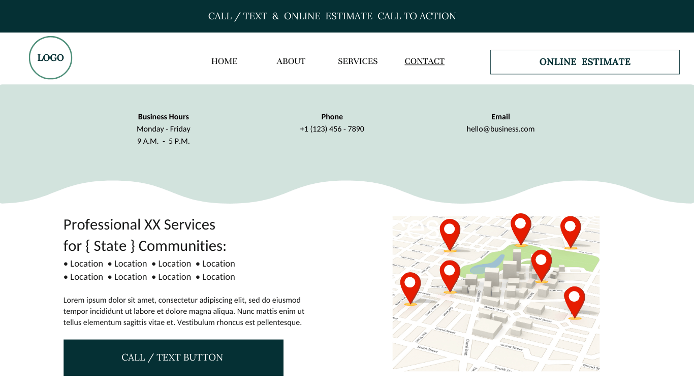 Contact page design example showing business contact information, service area map, and call-to-action buttons to improve user experience and lead generation.