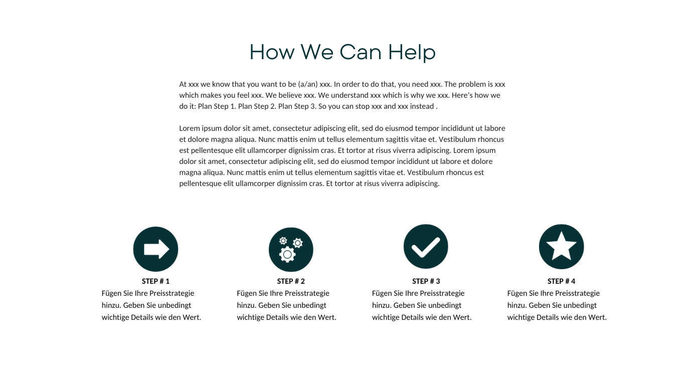 A digital infographic titled 'How We Can Help' with placeholder text, four step icons with descriptions in German, and a paragraph of lorem ipsum text.