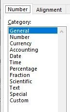 Spreadsheet cell formatting dialog showing the Number category list with General, Number, Currency, Accounting, Date, Time, Percentage, Fraction, Scientific, Text, Special, and Custom options