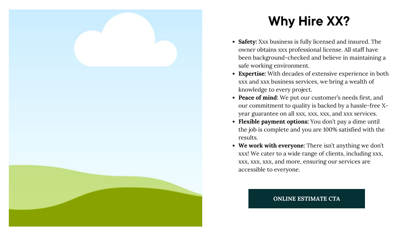 Illustration of a blue sky with a large white cloud, green hills, and a box of text explaining reasons to hire a business, including safety, expertise, peace of mind, flexible payment options, and working with everyone, with a call-to-action button labeled 'ONLINE ESTIMATE CTA'.