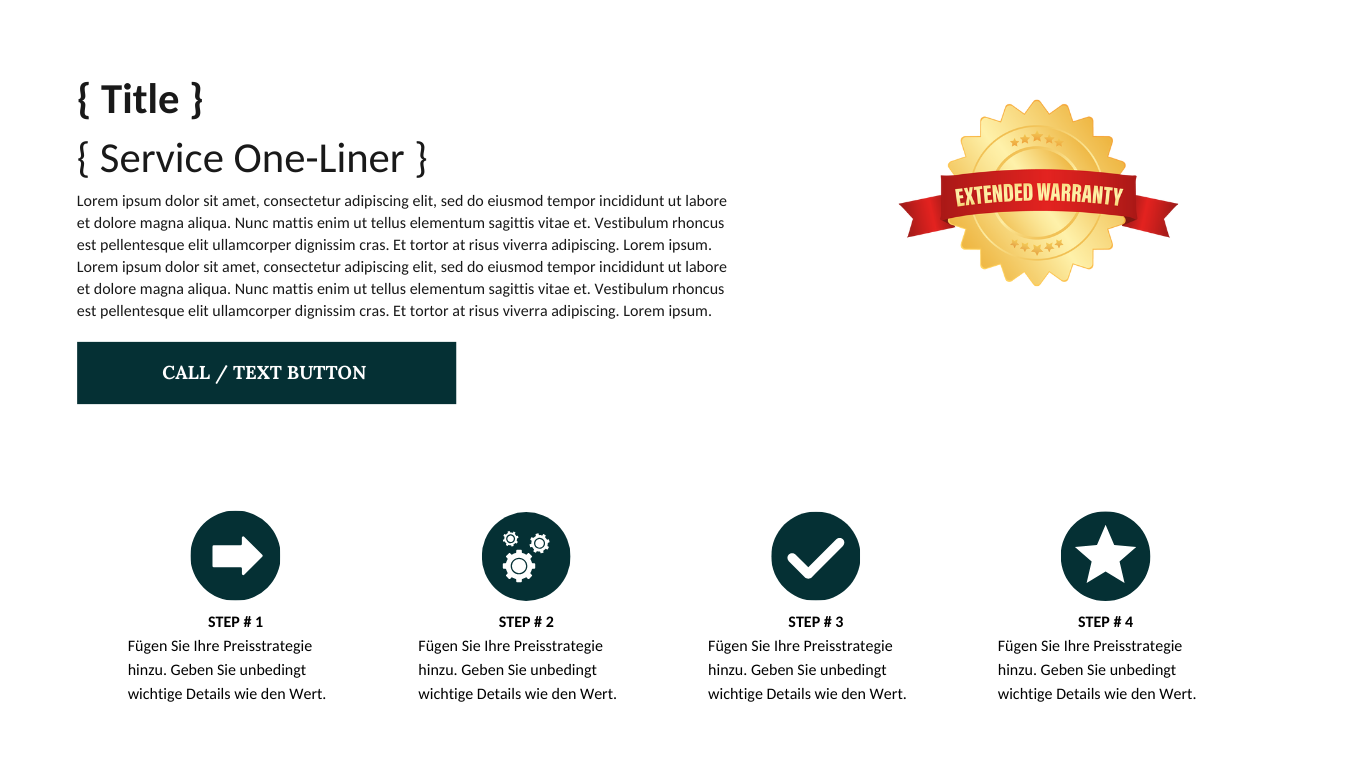 A webpage template featuring a gold and red warranty badge labeled 'Extended Warranty' on the top right, a placeholder for a title and service description on the left, a call-to-action button below the description, and four steps represented by icons: an arrow, gears, a checkmark, and a star, each with accompanying text in German.